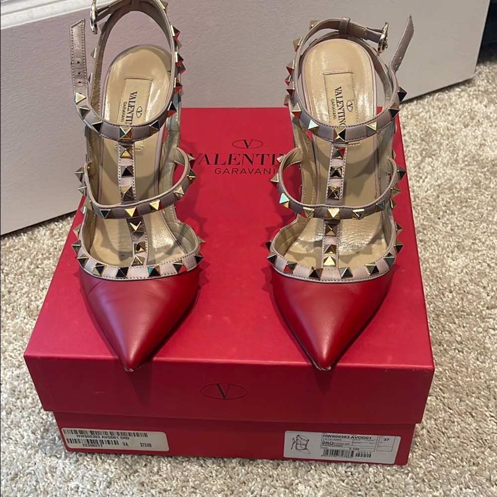Valentino Garavani Red and Tan Heels with Studded Details
